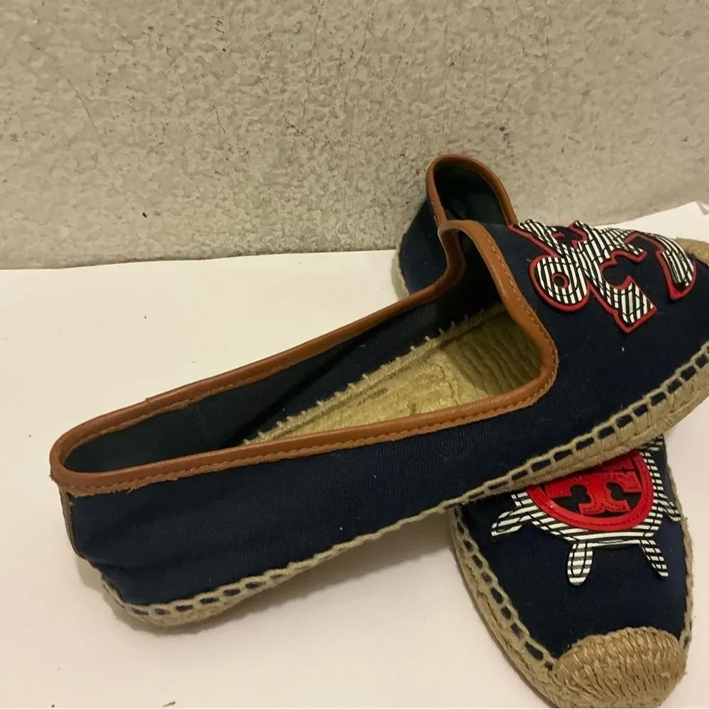 Tory Burch Nautical Navy Blue Canvas & Leather Espadrilles size 10